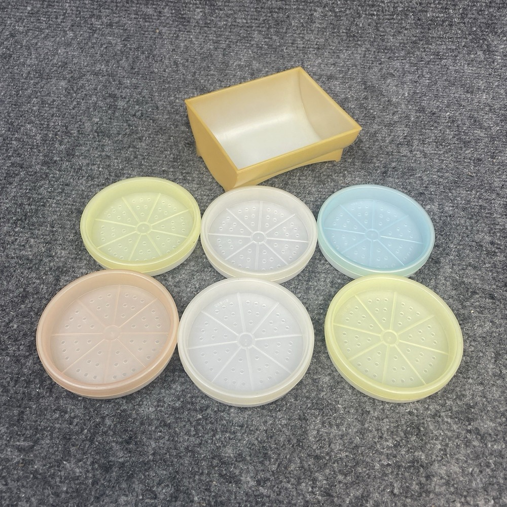 Tupperware Wagon Wheel Coasters Set of 6 Pastel Caddy Holder #567 USA Vintage - Picture 3 of 5